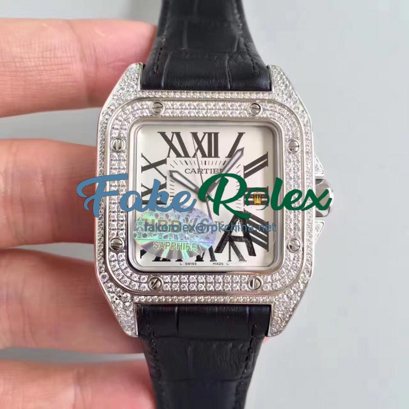 Replica Cartier Santos 100 WM501751 HBB V6 Stainless Steel & Diamonds Silver Dial Swiss 2824-2