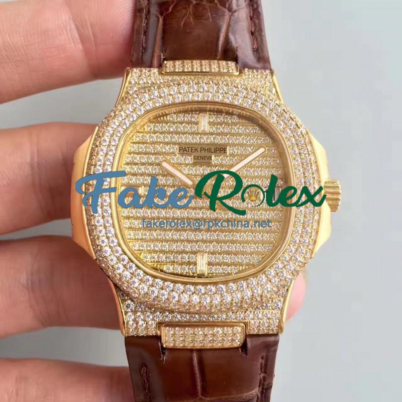 Replica Patek Philippe Nautilus Jumbo 5719/1G-001 DM Yellow Gold & Diamonds Diamond Dial Swiss 324SC