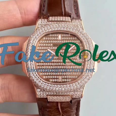 Replica Patek Philippe Nautilus Jumbo 5719/1G-001 DM Rose Gold & Diamonds Diamond Dial Swiss 324SC