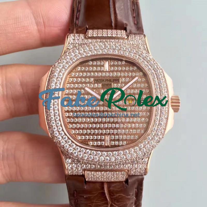 Replica Patek Philippe Nautilus Jumbo 5719/1G-001 DM Rose Gold & Diamonds Diamond Dial Swiss 324SC