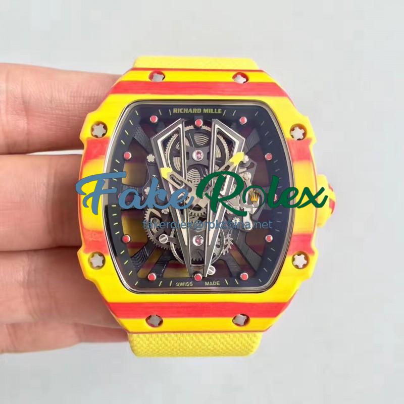 Replica Richard Mille RM27-03 Rafael Nadal KL Yellow & Red Forged Carbon Black Skeleton Dial M9015