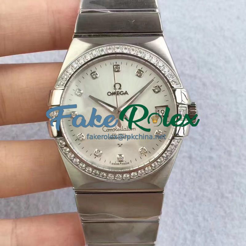 Replica Omega Constellation 123.55.38.20.99.001 38MM SSS Stainless Steel & Diamonds Mother Of Pearl Dial Swiss 8500