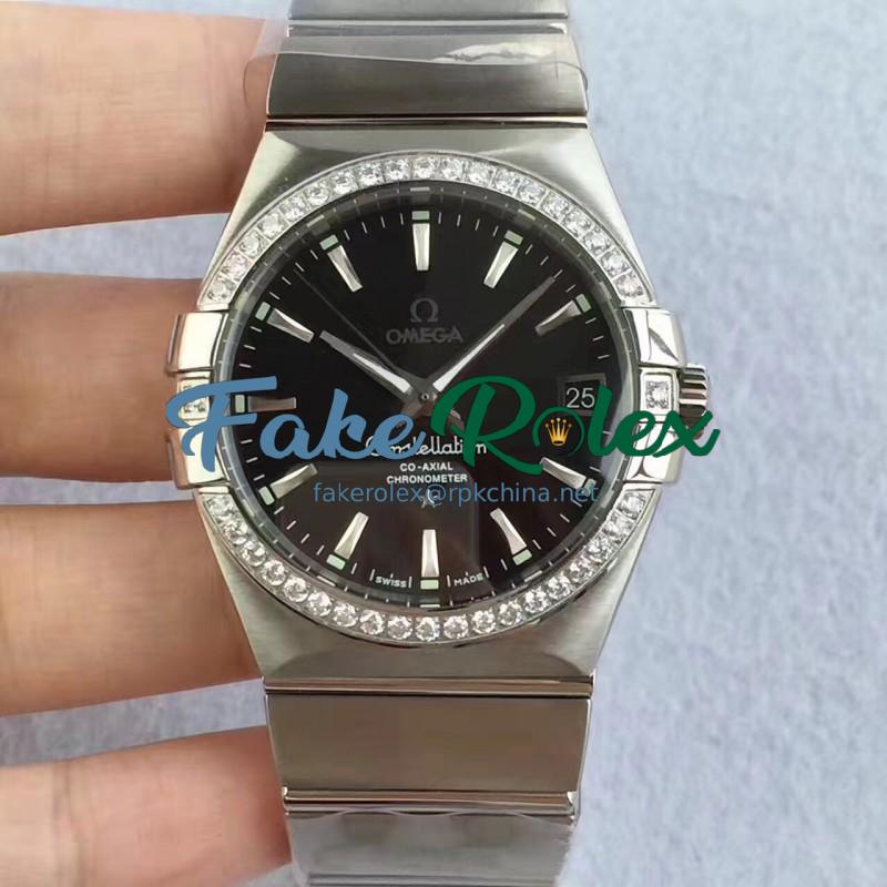 Replica Omega Constellation 123.55.38.20.99.001 38MM SSS Stainless Steel & Diamonds Black Dial Swiss 8500