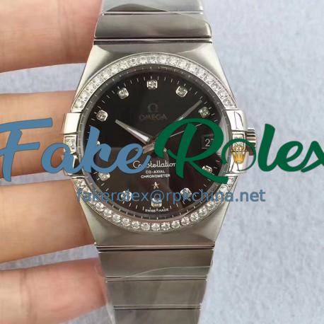 Replica Omega Constellation 123.55.38.20.99.001 38MM SSS Stainless Steel & Diamonds Black Dial Swiss 8500