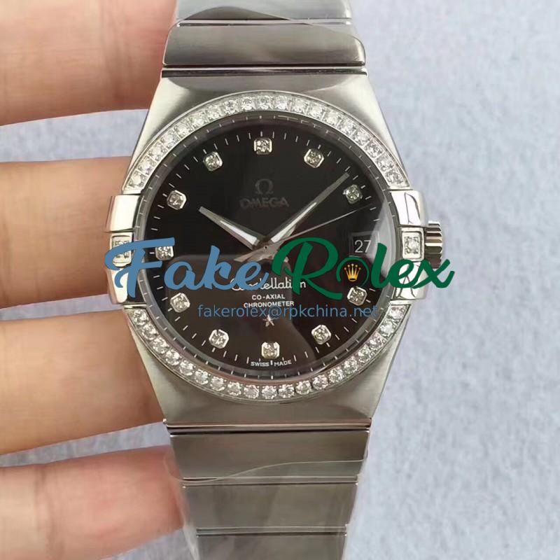 Replica Omega Constellation 123.55.38.20.99.001 38MM SSS Stainless Steel & Diamonds Black Dial Swiss 8500