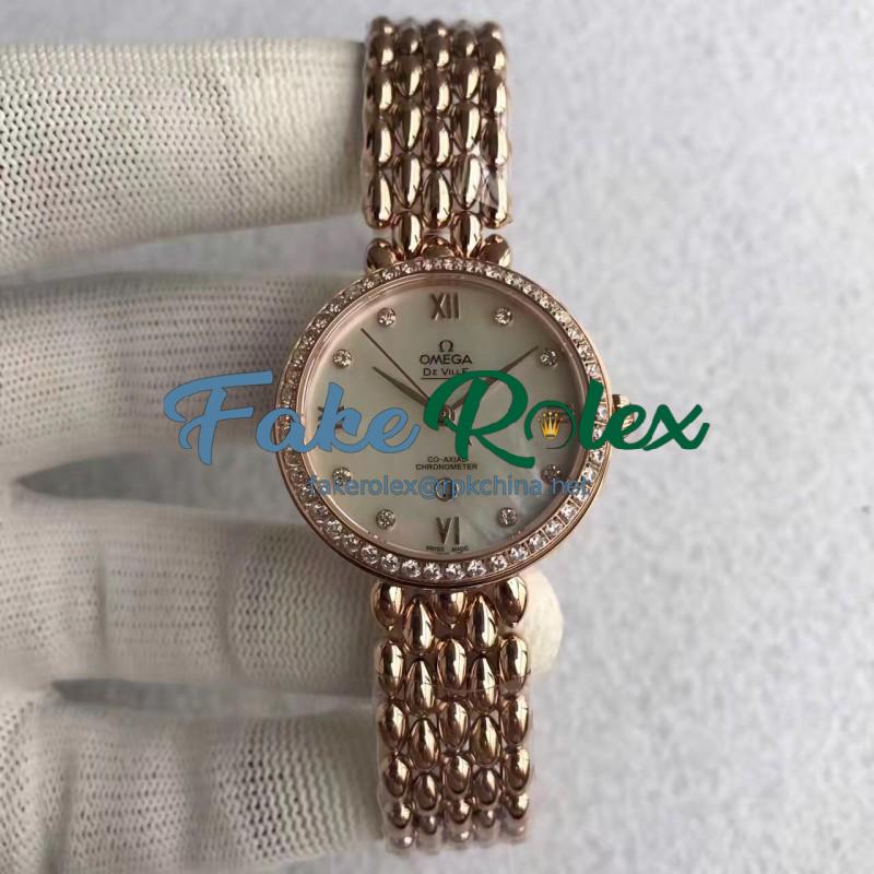 Replica Omega De Ville Dewdrop 424.55.33.20.55.007 XF Rose Gold & Diamonds Mother Of Pearl Dial Swiss 8521