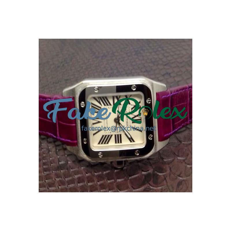 Replica Cartier Santos 100 Midsize Stainless Steel White Dial Purple Leather Strap Swiss 2836-2