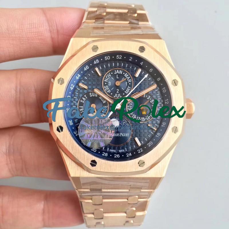 Replica Audemars Piguet Royal Oak Perpetual Calendar 41MM 26574OR.OO.1220OR.01 JF Rose Gold Blue Dial Swiss 5134