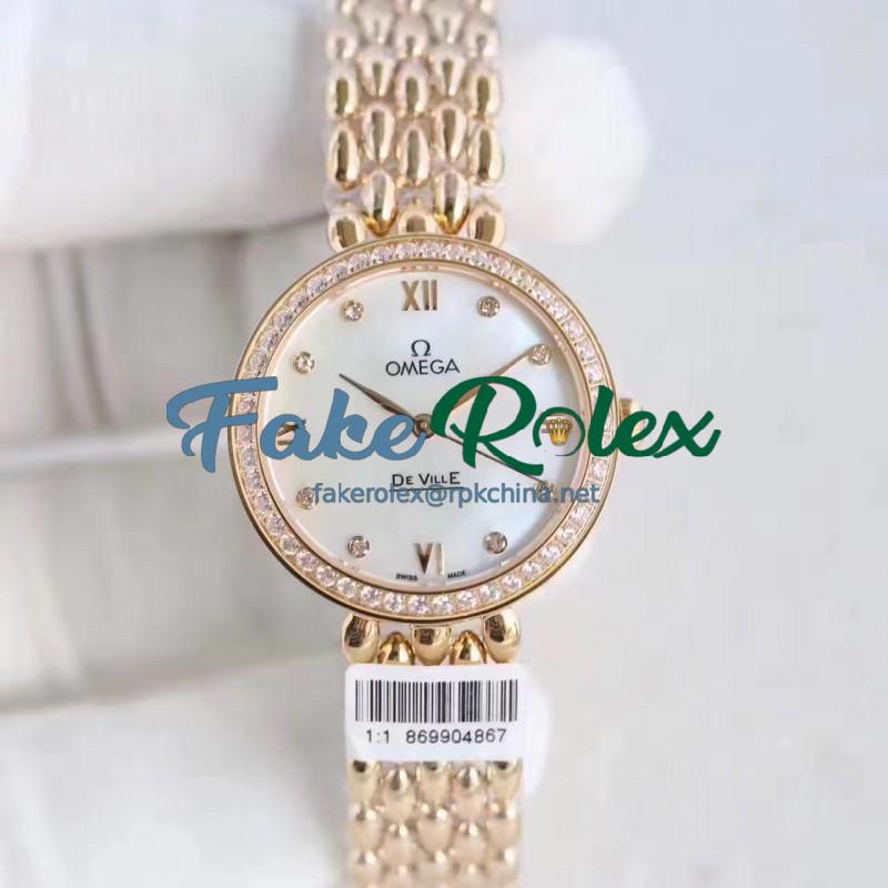 Replica Omega De Ville Dewdrop 424.55.27.60.55.006 XF Yellow Gold & Diamonds Mother Of Pearl Dial Swiss 8521