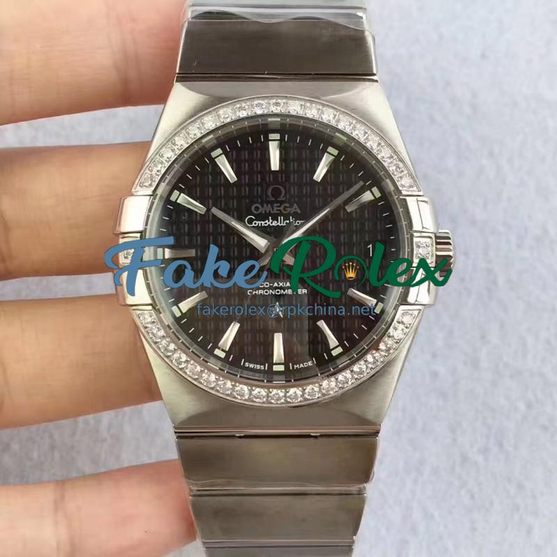 Replica Omega Constellation 123.55.38.20.99.001 38MM SSS Stainless Steel & Diamonds Black Dial Swiss 8500