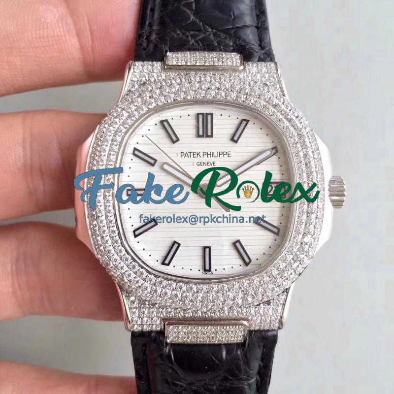 Replica Patek Philippe Nautilus Jumbo 5719/1G-001 MK Stainless Steel & Diamonds White Dial Swiss 324SC