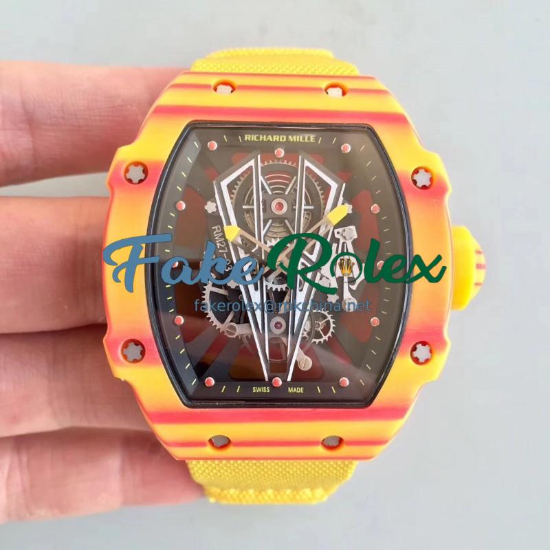 Replica Richard Mille RM27-03 Rafael Nadal RM Yellow & Red Forged Carbon Black Skeleton Dial M9015