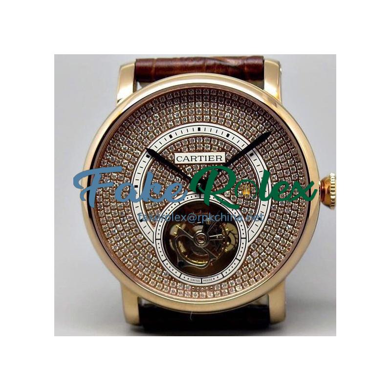 Replica Cartier Ronde Louis Tourbillon Rose Gold Diamonds Dial Swiss Tourbillon