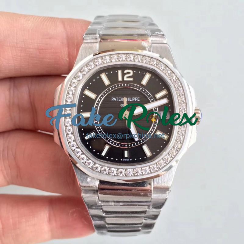 Replica Patek Philippe Nautilus Ladies 7010/1G-010 JJ Stainless Steel & Diamonds Black Dial Swiss Quartz E23-250 S C