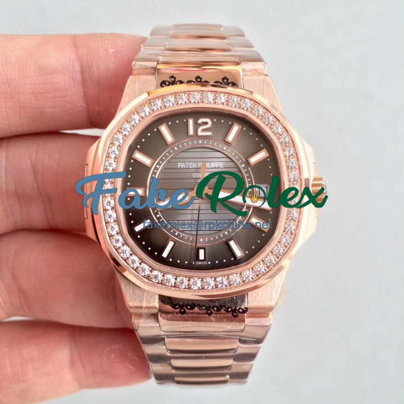 Replica Patek Philippe Nautilus Ladies 7010/1R-010 JJ Rose Gold & Diamonds Brown Dial Swiss Quartz E23-250 S C