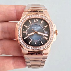 Replica Patek Philippe Nautilus Ladies 7010/1R-010 JJ Rose Gold & Diamonds Blue Dial Swiss Quartz E23-250 S C