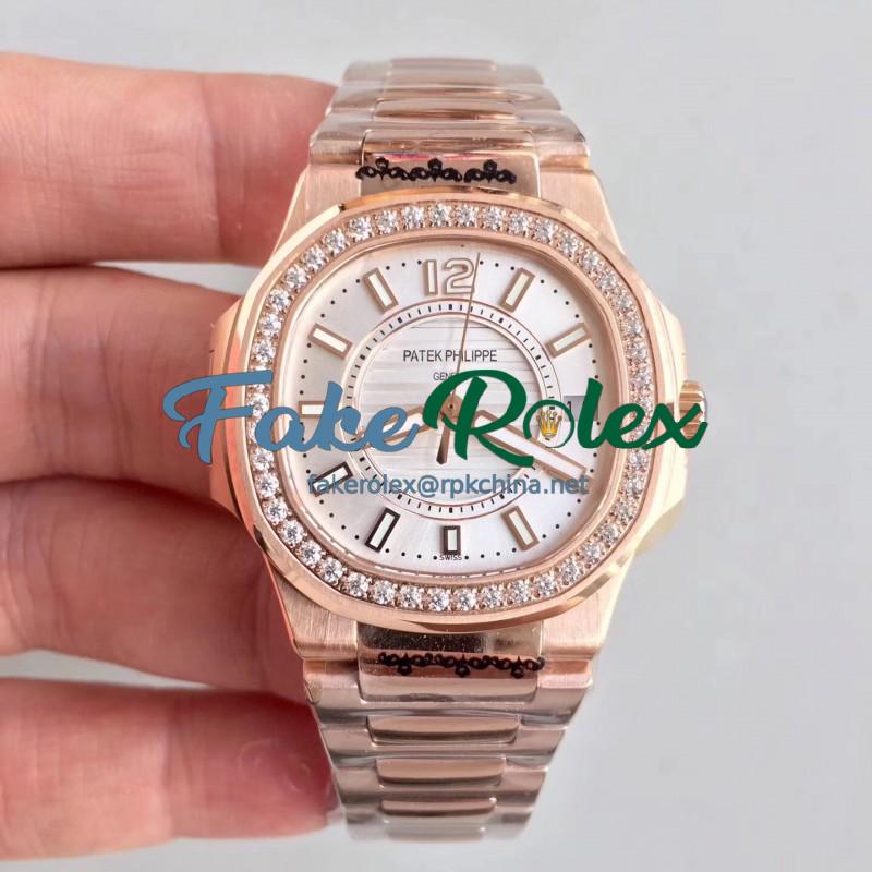 Replica Patek Philippe Nautilus Ladies 7010/1R-011 JJ Rose Gold & Diamonds Silver Dial Swiss Quartz E23-250 S C