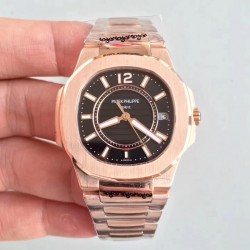 Replica Patek Philippe Nautilus Ladies 7011-1R JJ Rose Gold Black Dial Swiss Quartz E23-250 S C