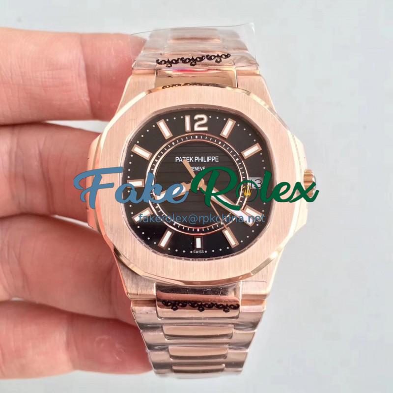 Replica Patek Philippe Nautilus Ladies 7011-1R JJ Rose Gold Black Dial Swiss Quartz E23-250 S C