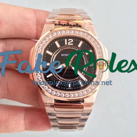 Replica Patek Philippe Nautilus Ladies 7010/1R-010 JJ Rose Gold & Diamonds Black Dial Swiss Quartz E23-250 S C