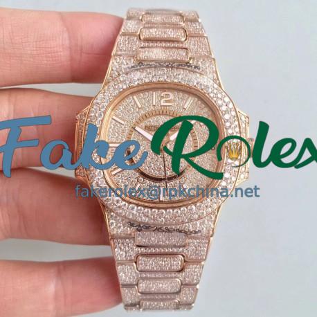 Replica Patek Philippe Nautilus Jumbo Ladies Paved With Diamonds 7021/1R-001 N Rose Gold & Diamonds Diamond Dial M9015