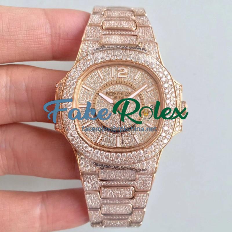 Replica Patek Philippe Nautilus Jumbo Ladies Paved With Diamonds 7021/1R-001 N Rose Gold & Diamonds Diamond Dial M9015