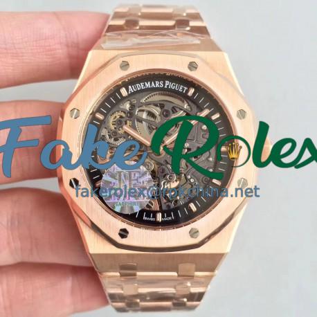 Replica Audemars Piguet Royal Oak Double Balance Wheel Openworked 15407 JF Rose Gold Black Skeleton Dial Swiss 3132