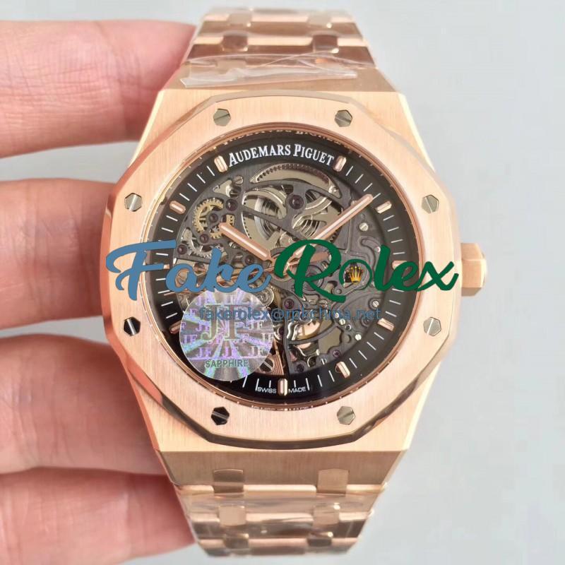 Replica Audemars Piguet Royal Oak Double Balance Wheel Openworked 15407 JF Rose Gold Black Skeleton Dial Swiss 3132