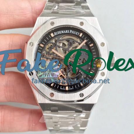 Replica Audemars Piguet Royal Oak Double Balance Wheel Openworked 15407 JF Stainless Steel Black Skeleton Dial Swiss 3132