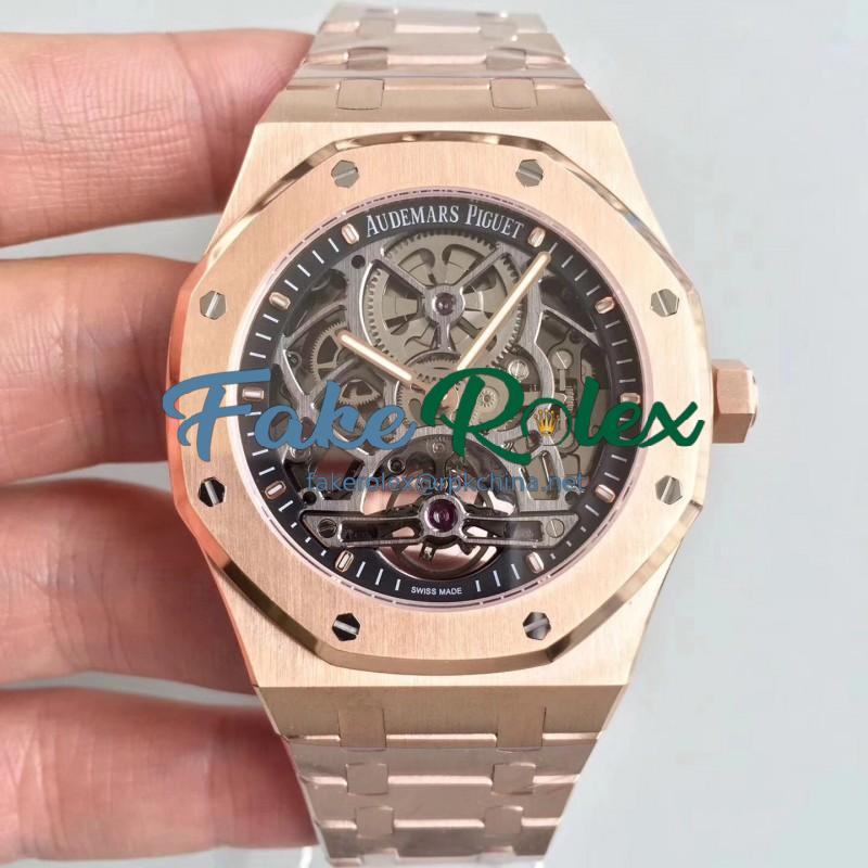 Replica Audemars Piguet Royal Oak Tourbillon Extra-Plate Squelette 26518 JF Rose Gold Black Skeleton Dial Swiss 2924