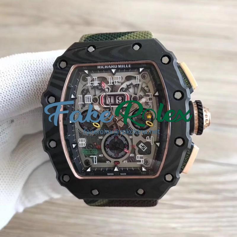 Replica Richard Mille RM011-03 Flyback Chronograph KL Forged Carbon Black Skeleton Dial Swiss 7750