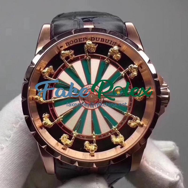 Replica Roger Dubuis Excalibur Knights Of The Round Table Limited Edition RDDBEX0398 N Rose Gold Green & White Dial M6T15