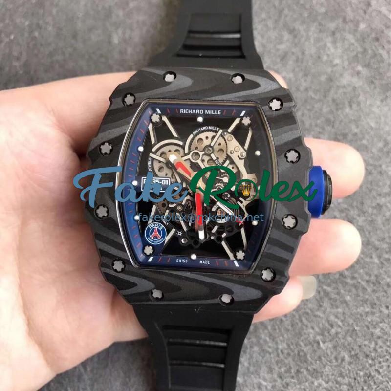 Replica Richard Mille RM35-01 PSG KV Forged Carbon Blue Skeleton Dial M8215