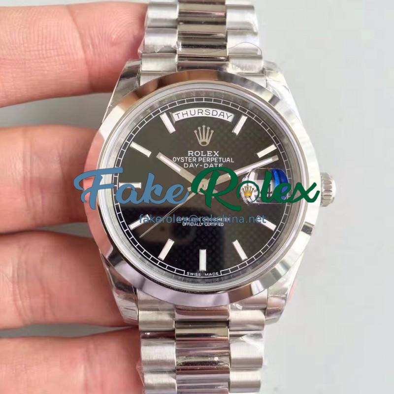 Replica Rolex Day-Date 40 228206 2018 EW Stainless Steel Black Diagonal Dial Swiss 3255