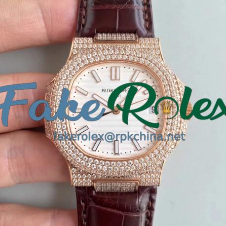 Replica Patek Philippe Nautilus Jumbo 5719/1G-001 2018 N Rose Gold & Diamonds White Dial Swiss 324SC