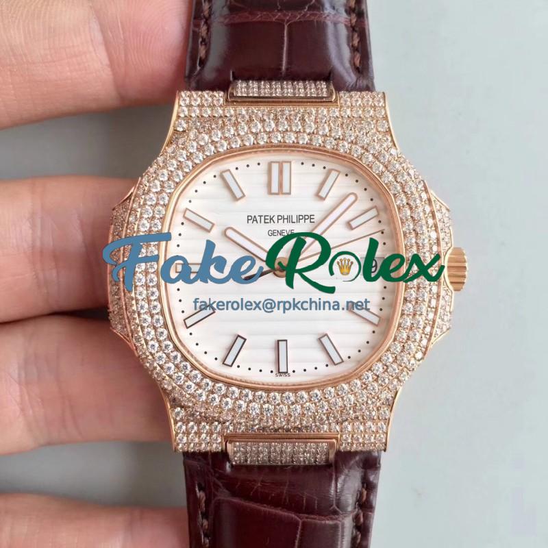 Replica Patek Philippe Nautilus Jumbo 5719/1G-001 2018 N Rose Gold & Diamonds White Dial Swiss 324SC