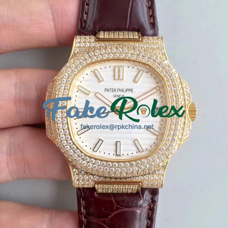 Replica Patek Philippe Nautilus Jumbo 5719/1G-001 2018 N Yellow Gold & Diamonds White Dial Swiss 324SC