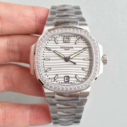 Replica Patek Philippe Nautilus Ladies 7018/1A-001 PF Stainless Steel & Diamonds White Dial Swiss 324 S C