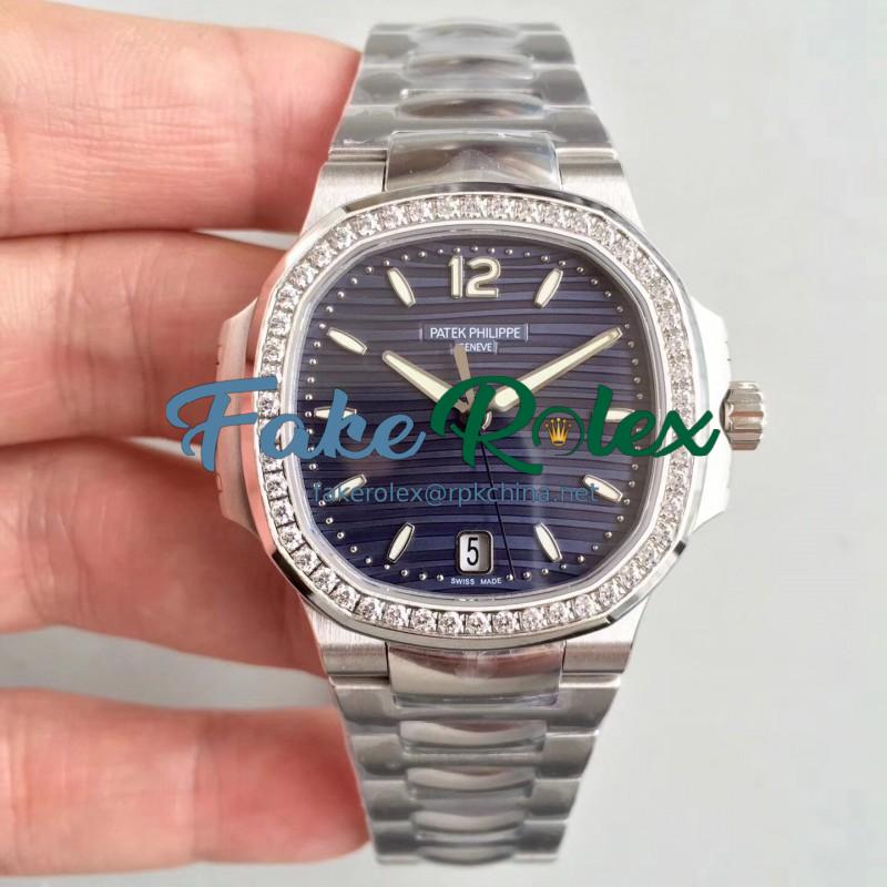 Replica Patek Philippe Nautilus Ladies 7018/1A-010 PF Stainless Steel & Diamonds Blue Dial Swiss 324 S C