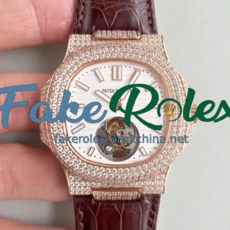 Replica Patek Philippe Nautilus Jumbo 5711 2018 N Rose Gold & Diamonds White Dial Swiss Tourbillon