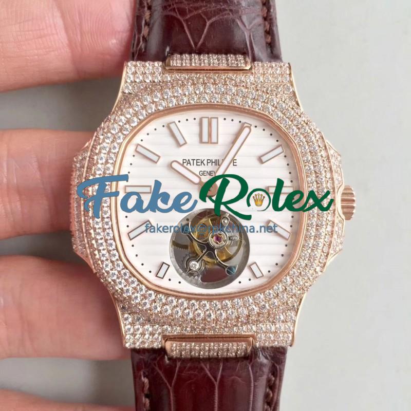 Replica Patek Philippe Nautilus Jumbo 5711 2018 N Rose Gold & Diamonds White Dial Swiss Tourbillon