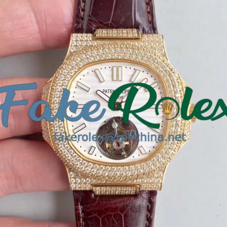 Replica Patek Philippe Nautilus Jumbo 5711 2018 N Yellow Gold & Diamonds White Dial Swiss Tourbillon