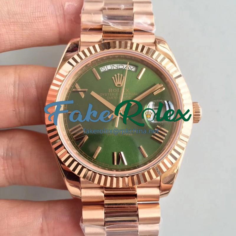 Replica Rolex Day-Date 40 228235 40MM AR Stainless Steel 904L With 18K Rose Gold Wrapped Green Dial Swiss 3255