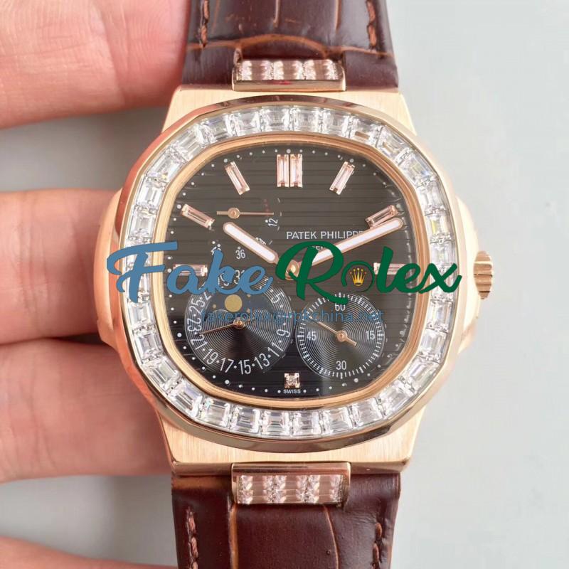 Replica Patek Philippe Nautilus Moonphase 5712R-001 N Rose Gold & Diamond Black Dial Swiss 240 PS IRM C LU