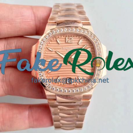 Replica Patek Philippe Ladies Nautilus 7118/1200R PF Rose Gold & Diamonds Rose Gold Dial Swiss 324SC