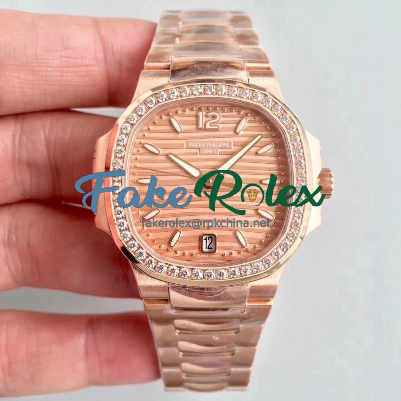 Replica Patek Philippe Ladies Nautilus 7118/1200R PF Rose Gold & Diamonds Rose Gold Dial Swiss 324SC