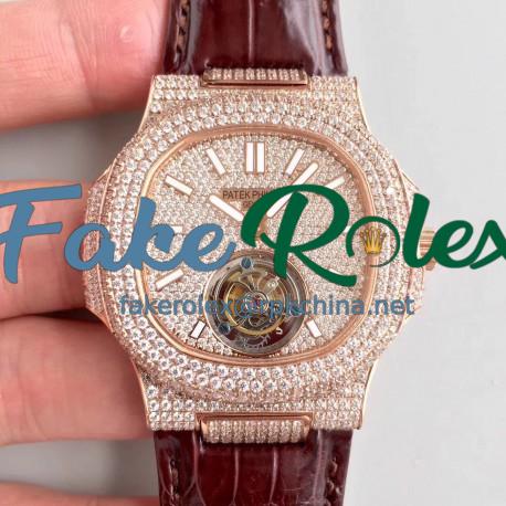 Replica Patek Philippe Nautilus Jumbo 5711 R8 Rose Gold & Diamonds Diamond Dial Swiss Tourbillon