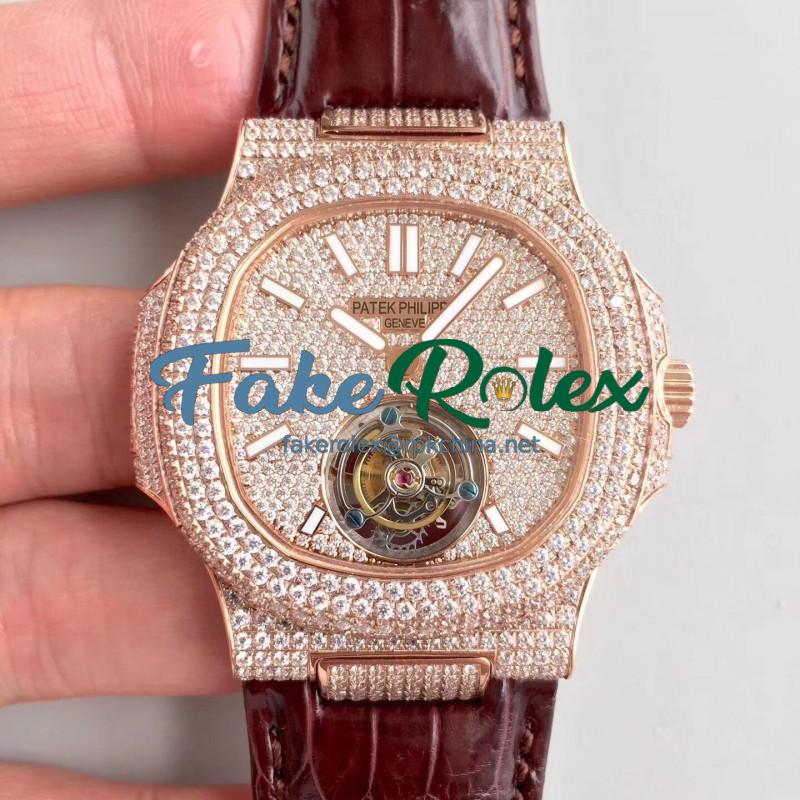 Replica Patek Philippe Nautilus Jumbo 5711 R8 Rose Gold & Diamonds Diamond Dial Swiss Tourbillon