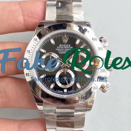 Replica Rolex Daytona Cosmograph 116520 AR Stainless Steel 904L Black Dial Swiss 4130 Run 6@SEC