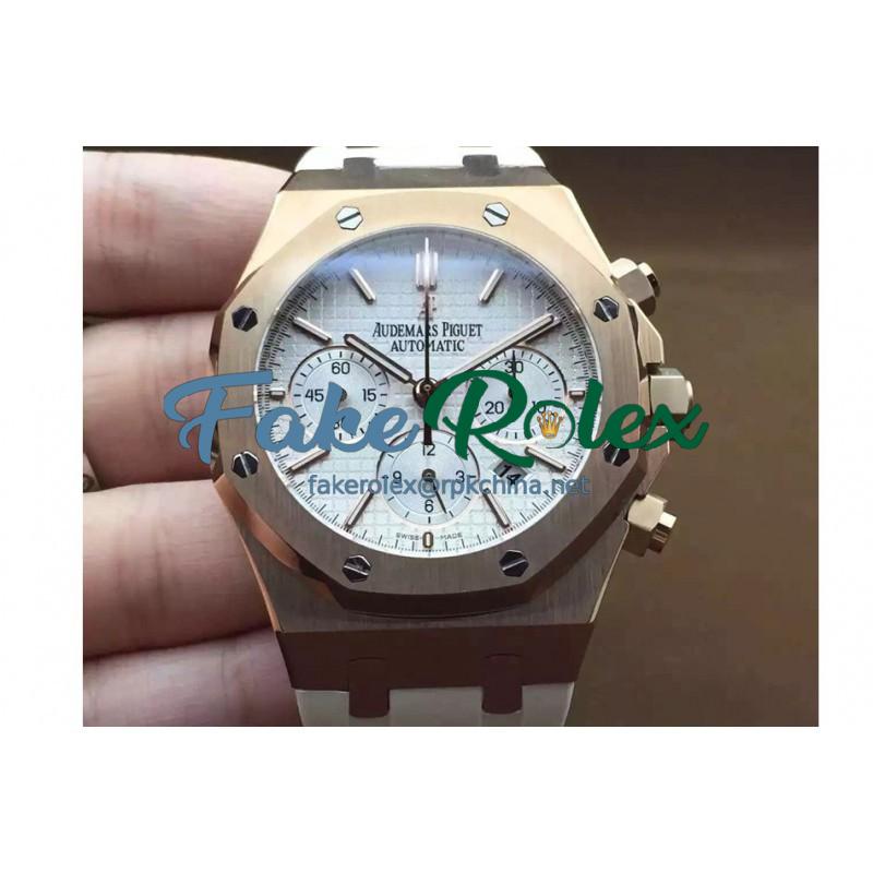 Replica Audemars Piguet Royal Oak Chronograph 26331 Rose Gold White Dial Rubber Strap Swiss 7750